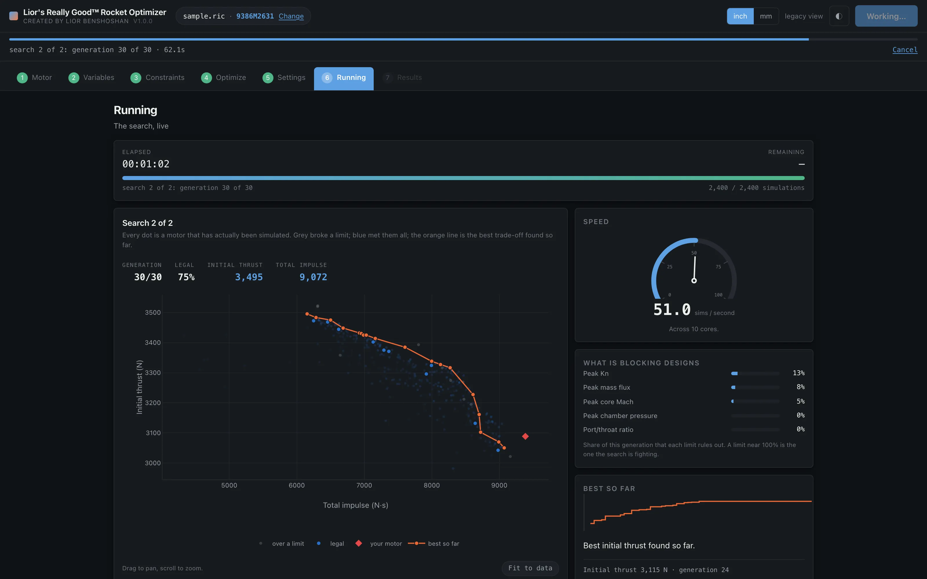 Rocket Optimizer mid-search, a scatter of simulated motors with the best trade-off curve drawn in orange